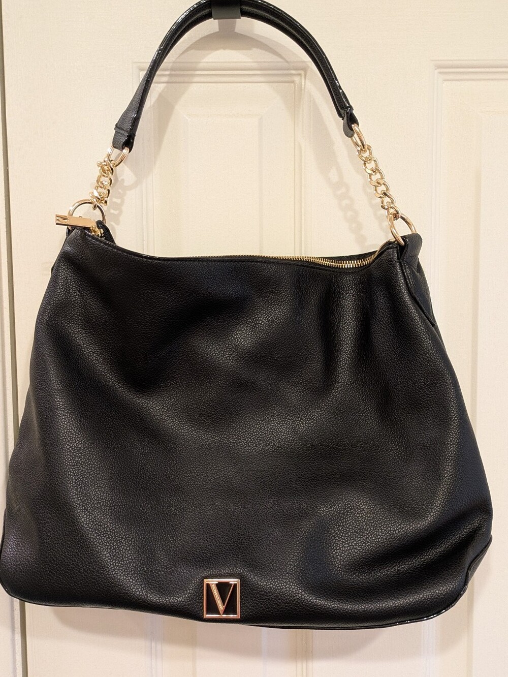 Victoria's Secret Classic Black Faux Leather Shoulder Bag with Gold Accents